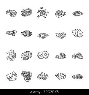 Dried fruits black line icons set. Pictograms for web page, mobile app, promo. Stock Vector