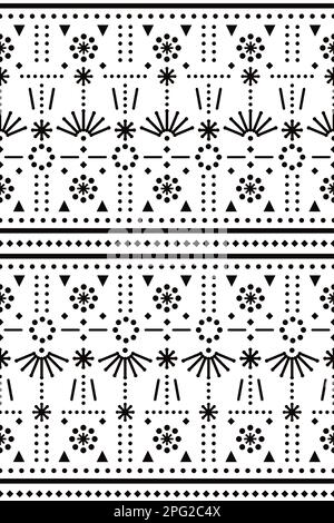 Minimalist textile or fabric print seamless vector pattern with dots, lines and flowers, folk art decor in black and white Stock Vector