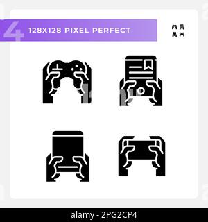 Hands with amusing gadgets pixel perfect black glyph icons set on white space Stock Vector