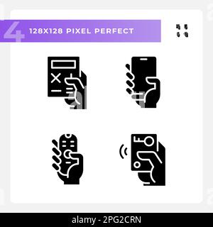 Hands with mobile devices pixel perfect black glyph icons set on white space Stock Vector