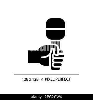Hand with microphone pixel perfect black glyph icon Stock Vector