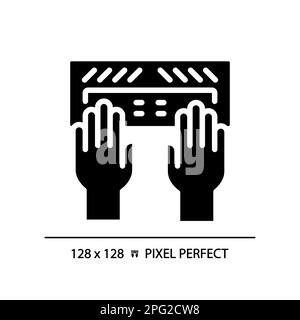 Hands with Braille keyboard pixel perfect black glyph icon Stock Vector
