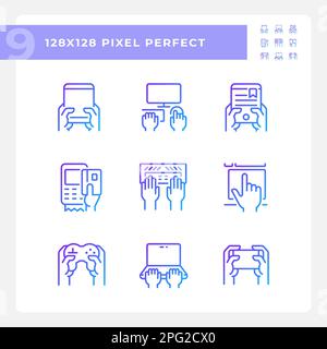 Hands using gadgets pixel perfect gradient linear vector icons set Stock Vector