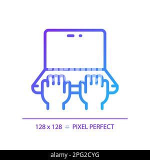 Hands with laptop pixel perfect gradient linear vector icon Stock Vector
