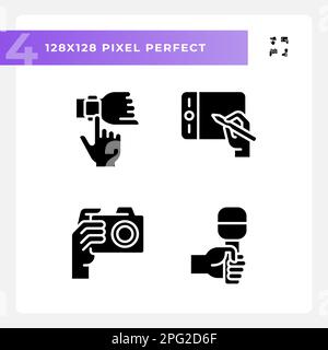 Hands with different devices pixel perfect black glyph icons set on white space Stock Vector