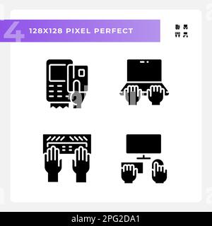 Hands using devices pixel perfect black glyph icons set on white space Stock Vector