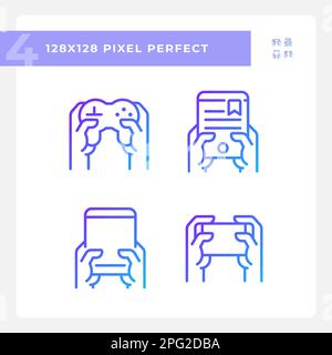 Hands with amusing gadgets pixel perfect gradient linear vector icons set Stock Vector