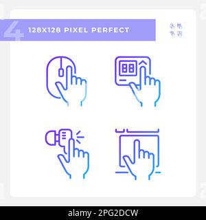 Hands pressing keys on devices pixel perfect gradient linear vector icons set Stock Vector