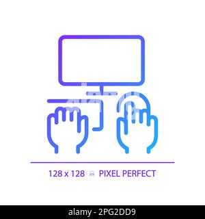 Hands with computer pixel perfect gradient linear vector icon Stock Vector