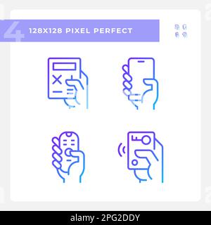 Hands with mobile devices pixel perfect gradient linear vector icons set Stock Vector