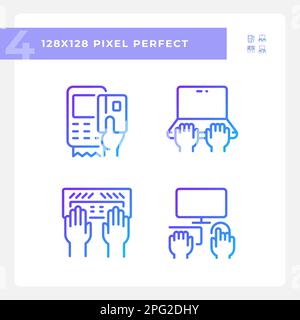 Hands using devices pixel perfect gradient linear vector icons set Stock Vector