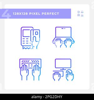 Hands using devices pixel perfect gradient linear vector icons set Stock Vector