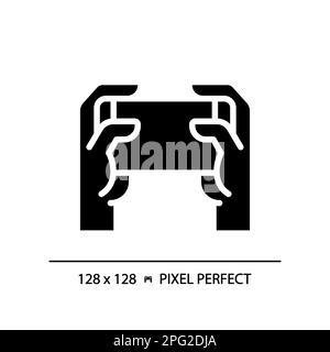 Holding smartphone with two hands pixel perfect black glyph icon Stock Vector
