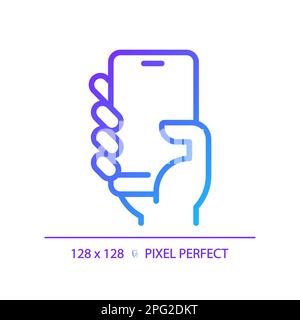 Hand with smartphone pixel perfect gradient linear vector icon Stock Vector