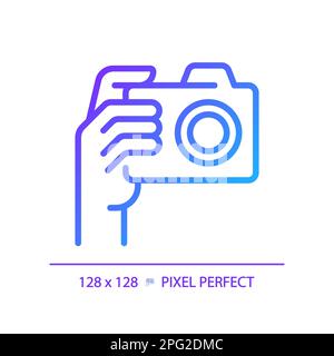 Hand with camera pixel perfect gradient linear vector icon Stock Vector