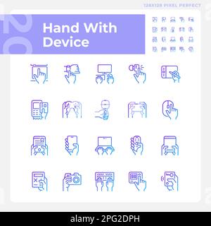 Hands with devices pixel perfect gradient linear vector icons set Stock Vector