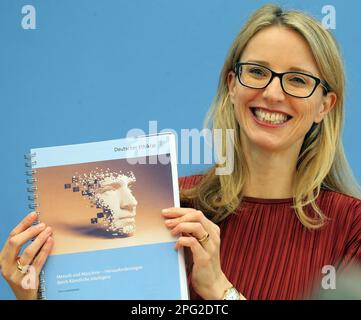 20 March 2023, Berlin: Alena Buyx, Chairwoman of the German Ethics Council, gives a statement of the German Ethics Council on the topic 'Man and Machine - Challenges posed by Artificial Intelligence' to the Federal Press Conference and answers questions from journalists. Photo: Wolfgang Kumm/dpa Stock Photo