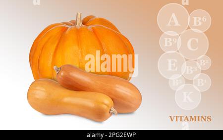 three different kind of pumpkin isolated on a colored gradient background with markings of vitamins found in pumpkins Stock Photo