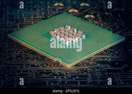 LGA package CPU IC close up on printed circuit board background Stock Photo