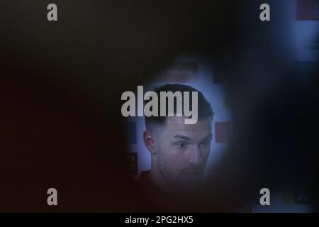 Cardiff, UK. 20th Mar, 2023. Aaron Ramsey, the newly announced captain of the Wales football team speaks to the media. Wales football press conference at the Vale Resort in South Wales on Monday 20th March 2023. pic by Andrew Orchard/Andrew Orchard sports photography/ Alamy Live News Credit: Andrew Orchard sports photography/Alamy Live News Stock Photo