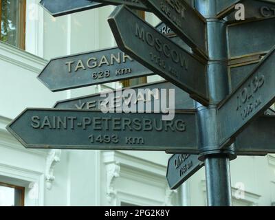 A close up of a street sign emphasizing Saint Petersburg Stock Photo
