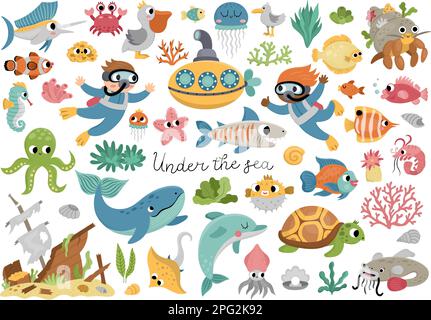Vector under the sea set. Ocean collection with seaweeds, fish, divers, submarine. Cartoon water animals and weeds for kids. Clipart with wreaked ship Stock Vector