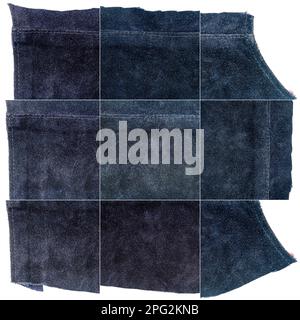 Collection of blue leather textures isolated on white background. Rough uneven edges. Square composite image of leather textures Stock Photo