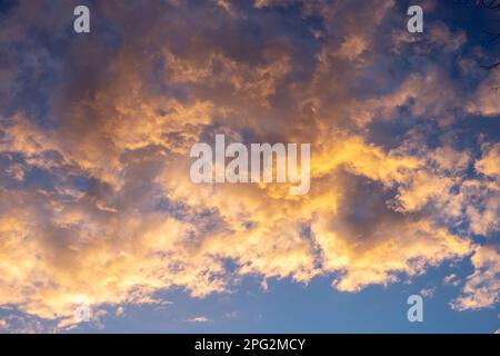 Puffy Clouds Against Blue Sky Catch The Colors of Sunset Stock Photo