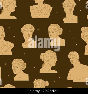Ancient Greek sculptures of the goddess, heroes, men and women. Antique sculpture in a modern style. Vector seamless pattern on a dark background. Stock Vector