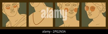 Ancient Greek sculptures of the goddess, heroes, men and women. Antique sculpture with modern elements - glasses, patches, gold chain. Set of vector Stock Vector