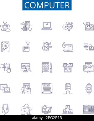 Computer line icons signs set. Design collection of Hardware, Software, Data, Network, Monitor, Keyboard, Mouse, Processor outline concept vector Stock Vector