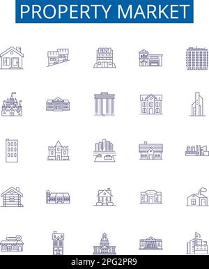 Property market line icons signs set. Design collection of real estate, property, housing, market, investments, sales, homes, prices outline concept Stock Vector