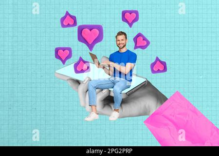 Photo minimal trend collage of young guy sitting satisfied with netbook huge phone display clicks like notifications isolated on blue background Stock Photo