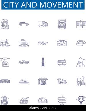 City and movement line icons signs set. Design collection of city, movement, transportation, urban, pedestrian, bike, car, bus outline concept vector Stock Vector