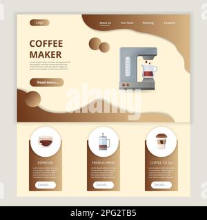 Coffee maker flat landing page website template. Espresso, french press, coffee to go. Web banner with header, content and footer. Vector illustration Stock Vector