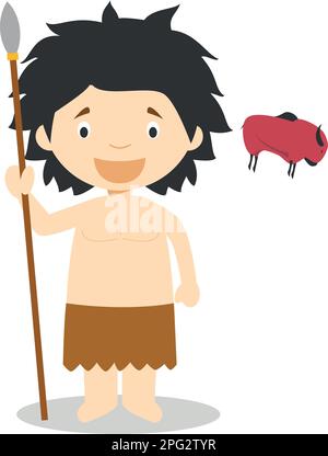 Stone Age boy cartoon character with a rock painting. Vector Illustration. Kids History Collection. Stock Vector