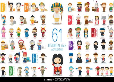 Kids Vector Characters Collection: Set of 61 Historical Ages and Civilizations in cartoon style. Stock Vector