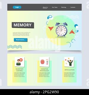 Memory flat landing page website template. Inhibitory control, cognitive psychology, articulation. Web banner with header, content and footer. Vector Stock Vector