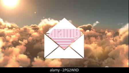Composition of email envelope icon over clouds Stock Photo