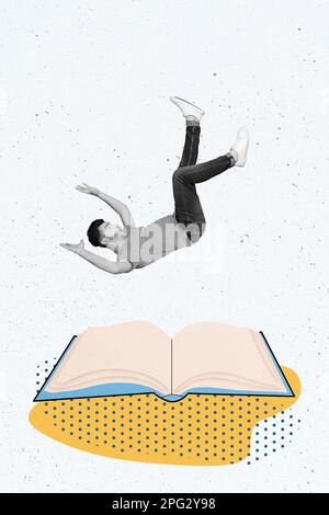 Vertical collage picture of impressed mini black white gamma guy falling big opened book isolated on painted background Stock Photo