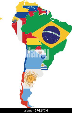 Political South America Map vector illustration with the flags of all countries. Editable and clearly labeled layers. Stock Vector