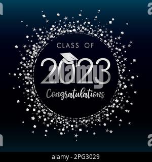 Class of 2023 Congratulations on a black circle with silver glitter confetti. Graduate of 2023 with square academic cap, elegant lettering on dark Stock Vector