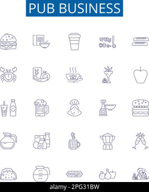 Pub business line icons signs set. Design collection of Pub, Business, Bar, Alcohol, Brewery, Bottles, Menu, Drinks outline concept vector Stock Vector