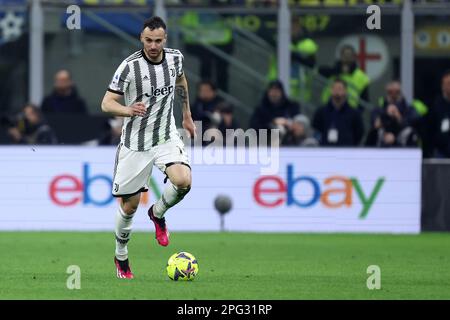 Federico Gatti of Juventus Fc controls the ball during the  Serie A match beetween Fc Internazionale and Juventus Fc at Stadio Giuseppe Meazza on March 19, 2023 in Milan  Italy . Stock Photo