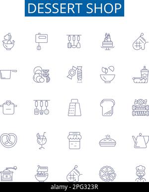 Dessert shop line icons signs set. Design collection of dessert, shop, bakery, pastry, confectionery, ice cream, sorbet, parlor outline concept vector Stock Vector