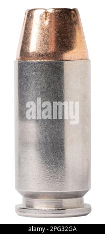 Hollw point ammunition with silver case foa semi automatic 40 caliber handgun Stock Photo