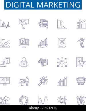 Digital marketing line icons signs set. Design collection of Digital, Marketing, SEO, Social, Media, Analytics, PPC, Advertising outline concept Stock Vector