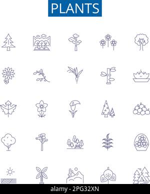 Plants line icons signs set. Design collection of Flora, Growth, Photosynthesis, Foliage, Algae, Trees, Shrubs, Petals outline concept vector Stock Vector