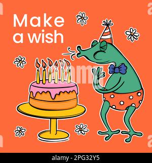 FROG MAKES WISH BIRTHDAY IG Post A Cheerful Amphibian Blows Out The Candles On Cake And Invites Friends To Party Square Template For Social Media In F Stock Vector