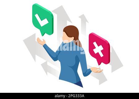 Isometric Green Check Mark and Red Cross. Woman and Symbols YES and NO Button for Vote, Decision, Web Stock Vector